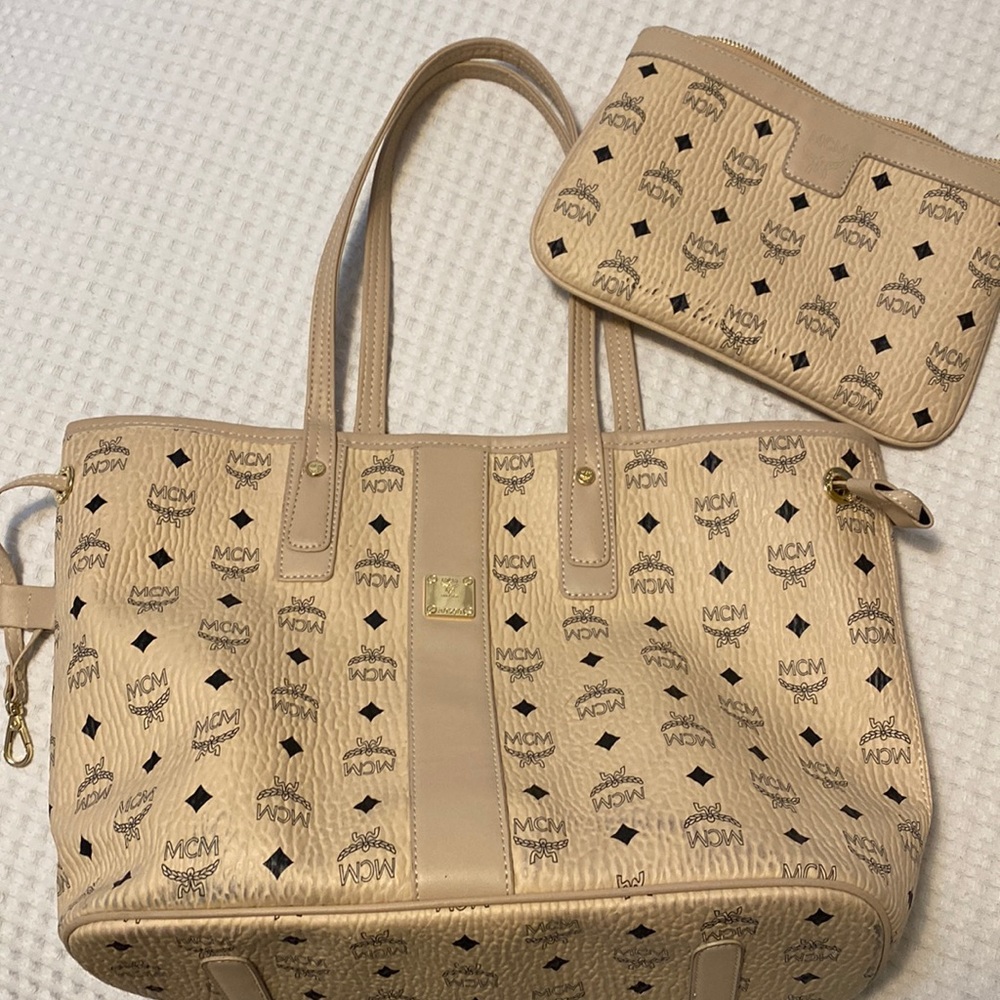 MCM Tan Monogram Tote with Pouch